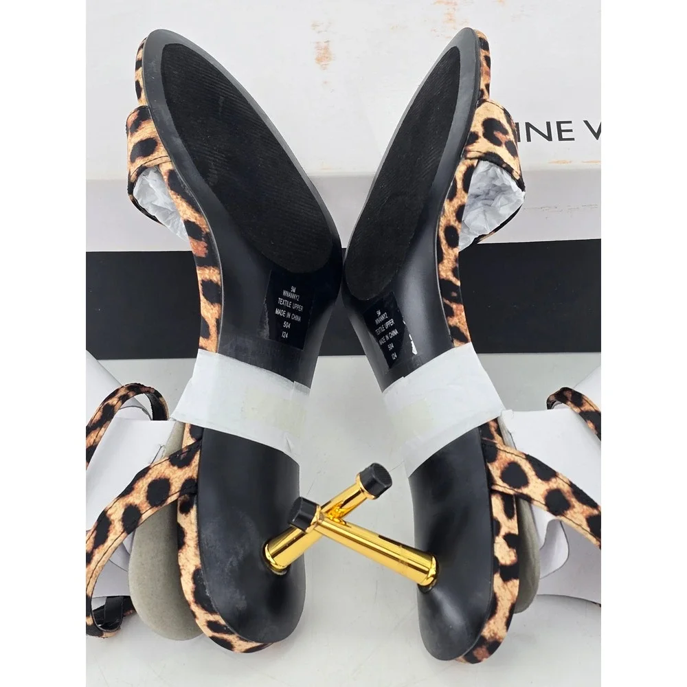 Nine West Anny2 Sandals Womens Size 5M Dark Natural Leopard Print Gold Heel -New